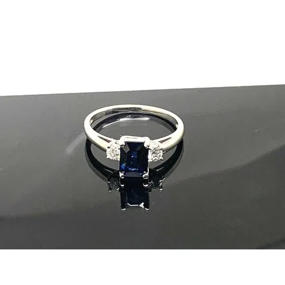 Emerald Cut Blue Gemstone Diamond Engagement Cocktail Ring 14k Gold Women's SZ 7